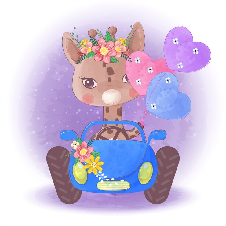 Vecteur petite girafe mignonne dessinée à la main sur une voiture bleue