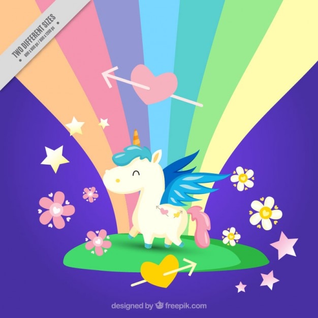 Vecteur petite licorne heureux avec fond arc