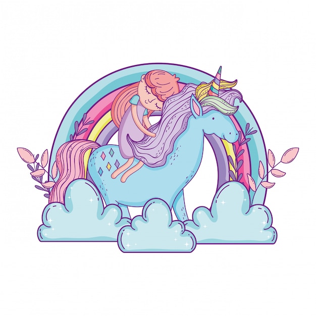 Petite Licorne Et Princesse Dans Les Nuages