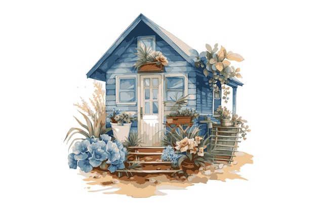 Petite maison au bord de la mer à l'aquarelle illustration vectorielle de la flore