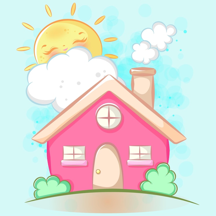 Vecteur petite maison rose et soleil mignon et radieux