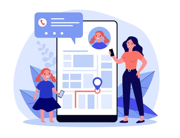 Petite Mère à La Recherche De Sa Fille Sur L'application Mobile. Maman, Suivi, Appelez L'illustration Plate. Technologie Numérique Et Concept De Navigation