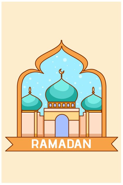 Petite mosquée à l'illustration de dessin animé de ramadan mubarak