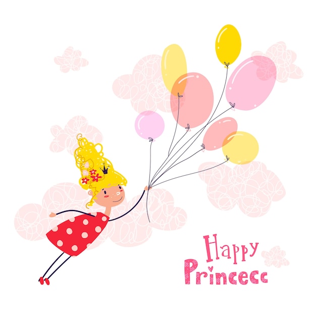 Vecteur petite princesse mignonne avec des ballons volent dans le ciel carte de voeux couleurs pastel illustration vectorielle