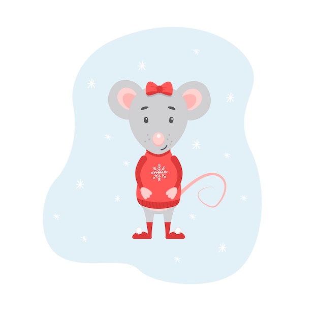 Petite Souris De Noël En Pull Rouge Illustration De Dessin Animé Mignon Pour Carte Postale Du Nouvel An