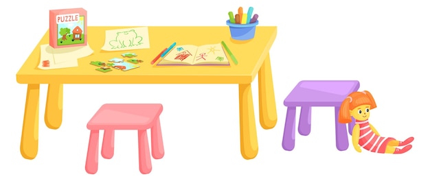 Vecteur petite table avec jouets pour enfants meubles pour enfants d'âge préscolaire