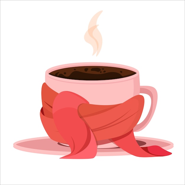 Vecteur petite tasse de café ronde rose enveloppée dans une écharpe