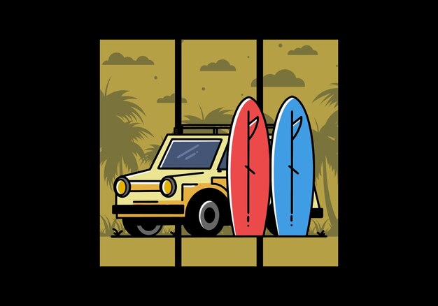 Vecteur petite voiture et illustration de deux planches de surf