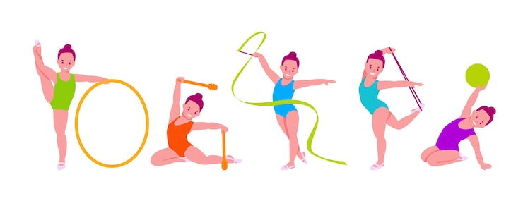 Vecteur petites filles gymnastes rythmiques avec divers objets de gymnastique.