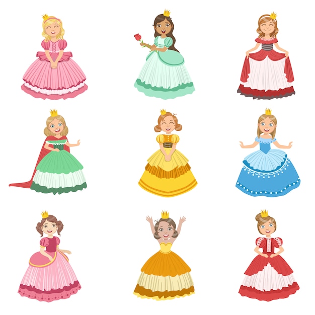 Vecteur petites filles habillées en princesses de conte de fées