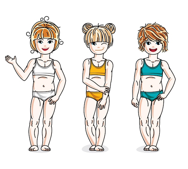 Vecteur des petites filles heureuses posant dans des bikinis colorés.