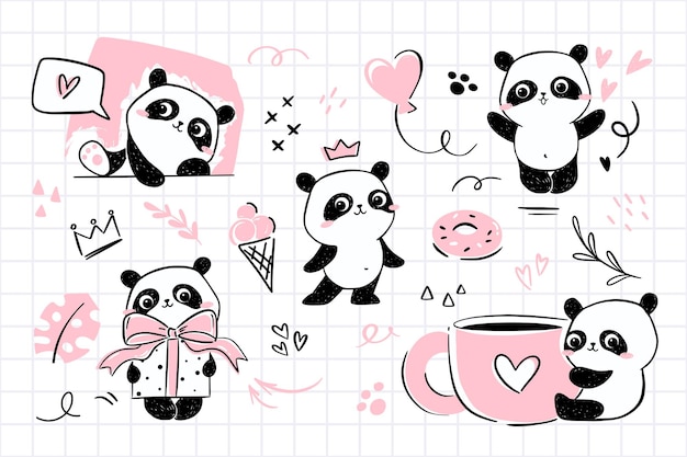 Petites Illustrations De Panda Avec Personnage De Panda Mignon Dans Diverses Poses