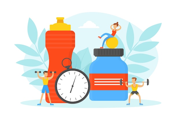 Petites personnes faisant des exercices dans la salle de sport avec du matériel sportif et des suppléments nutritionnels classe de conditionnement physique