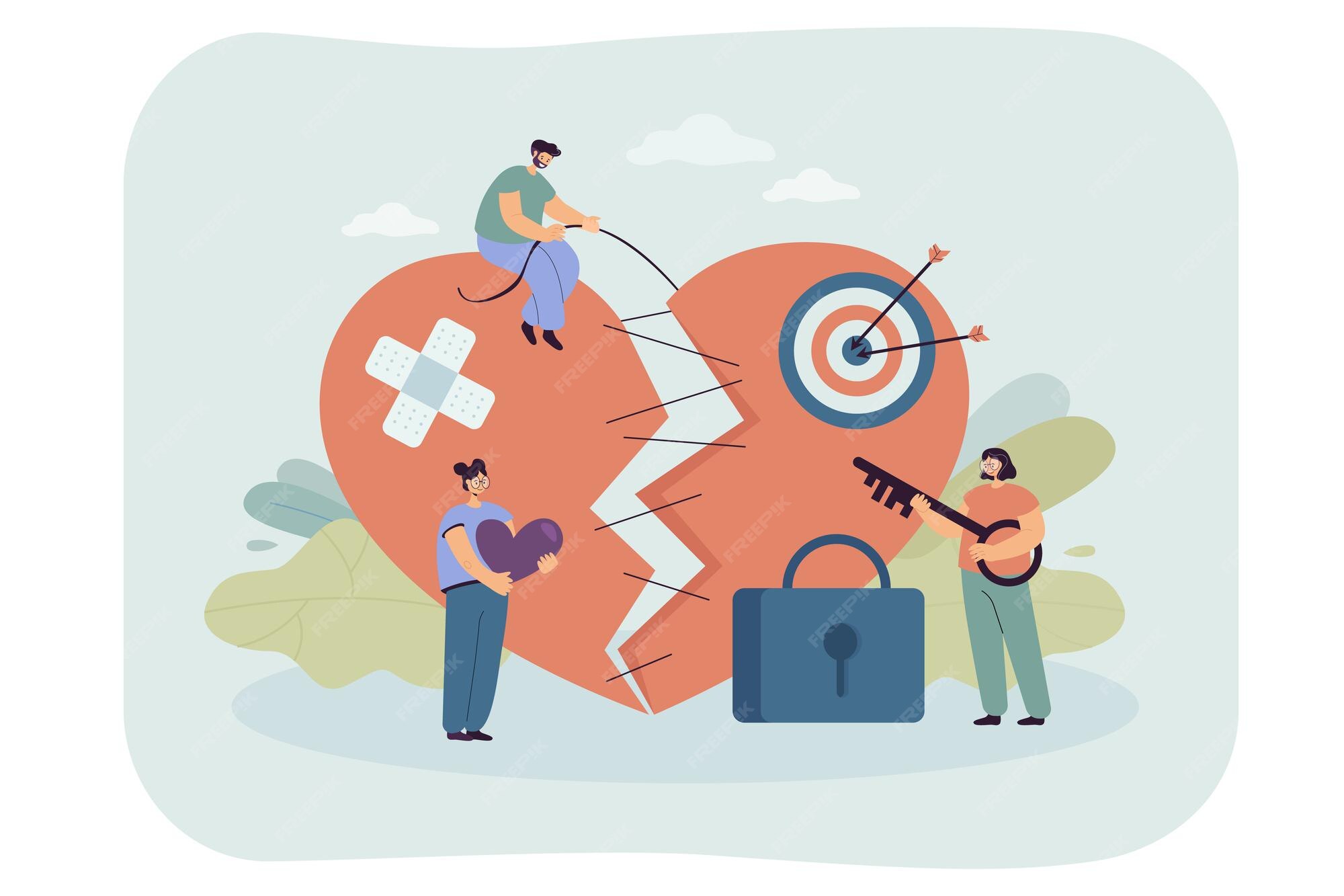 De Petites Personnes Reparant Un Cœur Brise Coeur De Personne Vulnerable Et Sensible Apres Avoir Rompu L Illustration Vectorielle A Plat Concept De Relation D Amour D Emotions Pour La Banniere La Conception De Site