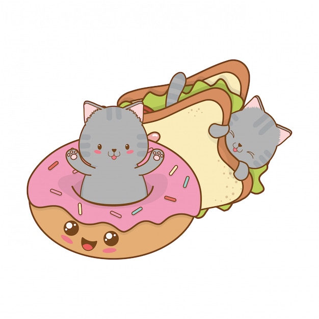 Petits Chats Mignons Avec Des Personnages De Kawaii Beignets