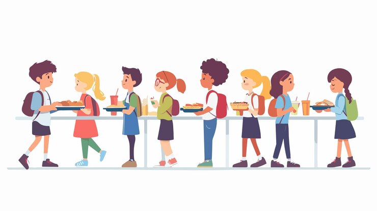 Vecteur petits élèves heureux qui font la queue et portent des plateaux avec le déjeuner