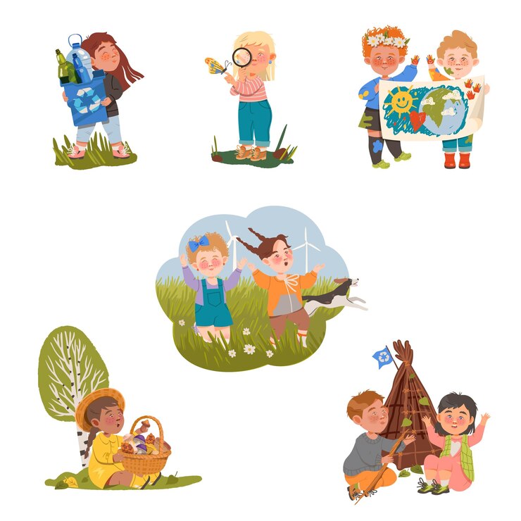 Vecteur les petits enfants apprécient la nature et découvrent l'environnement vectoriel