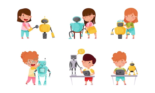 Petits enfants ingénieurs et créateurs de robots Set d'illustrations vectorielles