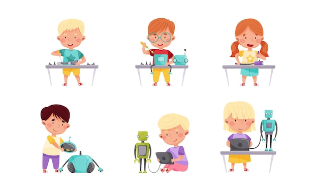 Petits enfants ingénieurs et créateurs de robots Set d'illustrations vectorielles