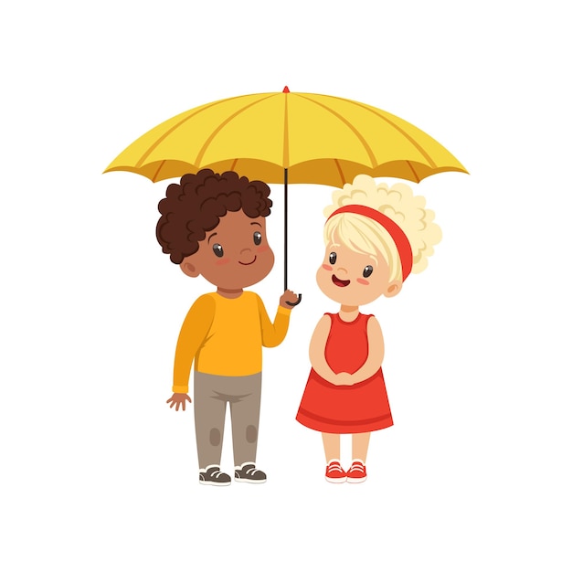 Vecteur petits enfants mignons debout ensemble sous un parapluie jaune illustration vectorielle sur un fond blanc