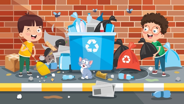 Petits Enfants Nettoyant Et Recyclant Les Ordures