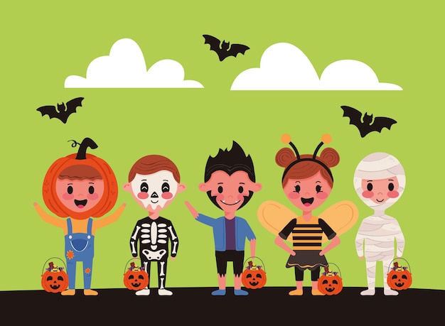 Vecteur petits enfants avec des personnages de costumes d'halloween et des chauves-souris volant