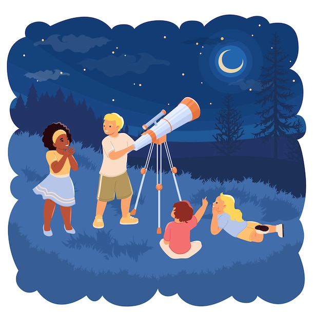 Vecteur petits enfants regardant à travers le télescope dans le ciel étoilé s'amusant dans le parc nocturne illustration vectorielle enfants explorant l'espace avec des planètes et des étoiles constellations