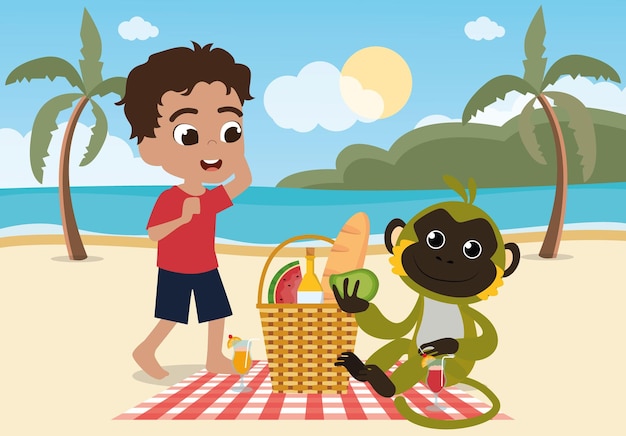 Petits Enfants Et Singes Profitant D'un Pique-nique Sur L'illustration De La Plage