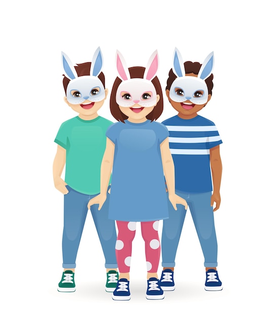 Vecteur petits garçons et filles amusants dans la collection de différentes poses de masque de lapin. enfants de pâques isolés