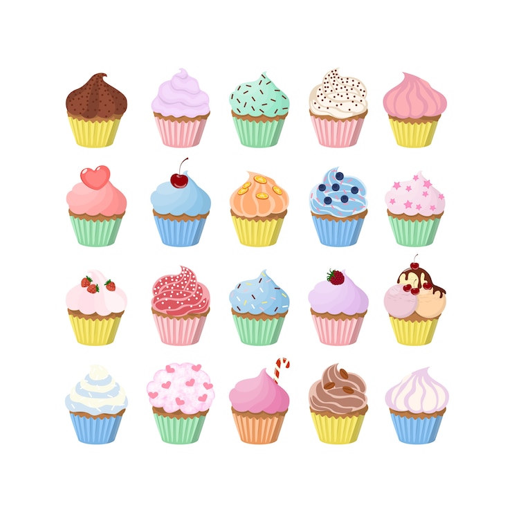 Vecteur petits gâteaux sucrés avec décoration et garnitures.