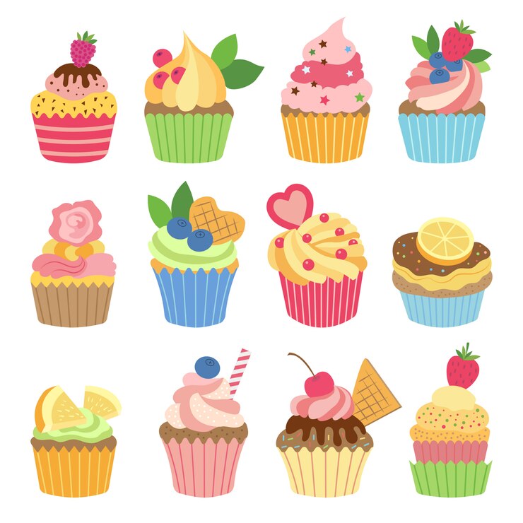Petits gâteaux de vanille de mariage isolés sur fond blanc. Illustrations vectorielles définies dans un style plat