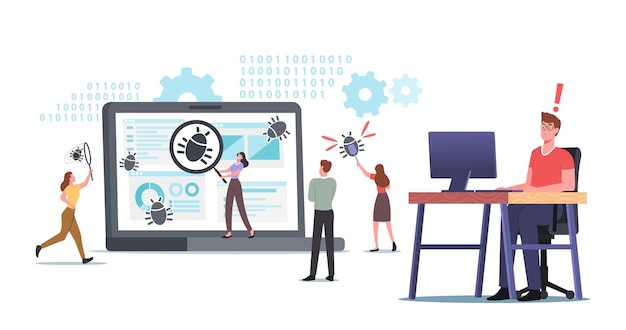 Petits personnages corrigeant des bugs sur un énorme PC. Développement de logiciels pour appareils numériques. Processus d'optimisation, programme de débogage ou code pour ordinateur portable. La technologie informatique. Illustration vectorielle de gens de dessin animé