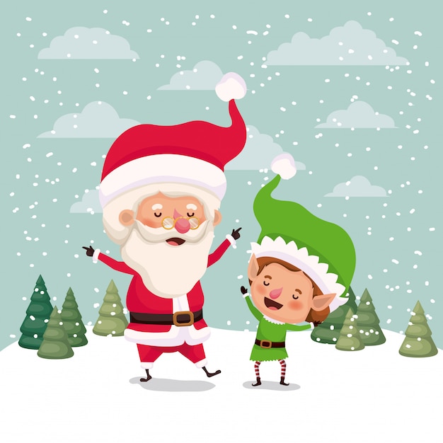 Petits Personnages Elf Et Santa Claus En Illustration Vectorielle Snowscape