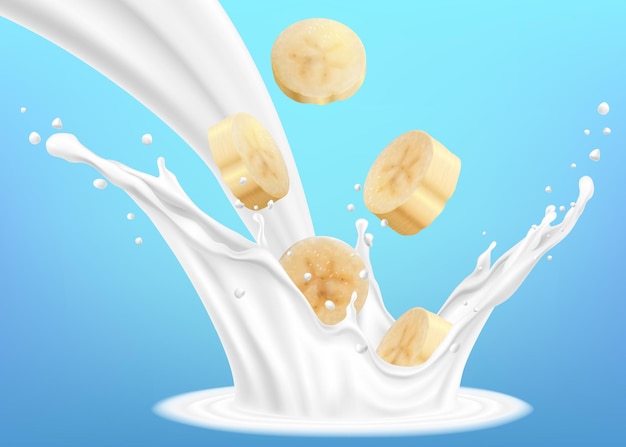 Un Peu De Lait Ou De Yaourt Avec Des Tranches De Banane. Illustration Vectorielle 3d Réaliste, Isolée Sur Fond Bleu. Prêt à L'emploi Pour Votre Conception.