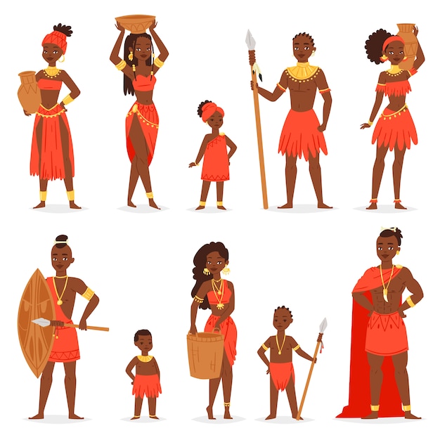 Vecteur peuple africain homme noir belle femme personnage en vêtements tribaux traditionnels robe en afrique illustration ethnicité ensemble d'enfants fille et garçon en costume de tribu ethnique