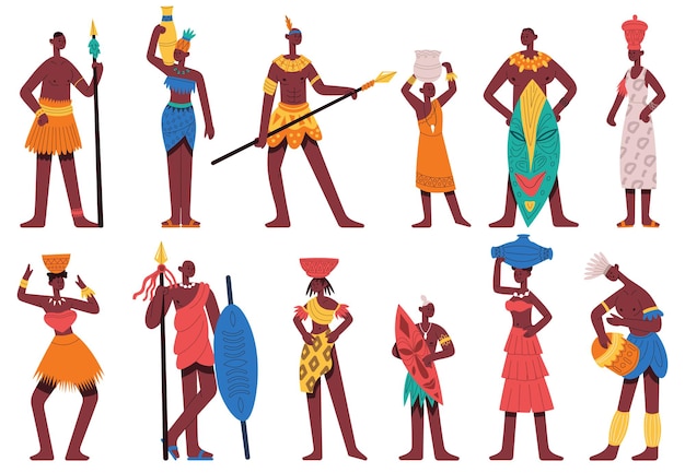 Vecteur peuple africain. personnages masculins et féminins en vêtements tribaux traditionnels isolés ensemble d'illustrations vectorielles de dessin animé. les noirs africains. culture ethnique traditionnelle africaine tribale