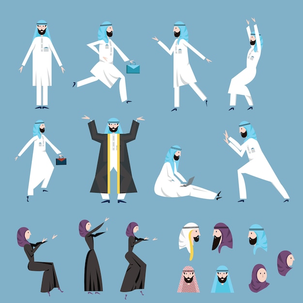 Le Peuple Arabe, Hommes Et Femmes En Costume National Arabe Dans Diverses Poses. Jeu D'illustration.