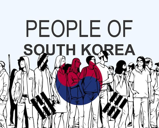 Vecteur peuple de corée du sud avec la silhouette du drapeau de nombreuses personnes rassemblant l'idée