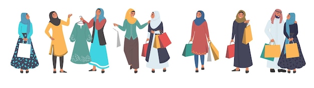 Peuple Musulman Shopping Personnage De Dessin Animé Masculin Et Féminin Défini Vecteur Plat Isolé Illustration Hijab