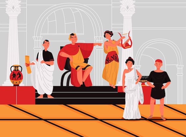 Peuple Romain Antique Avec L'empereur Sur La Femme De Sénateur De Trône Jouant La Harpe Dans L'illustration Plate De Palais