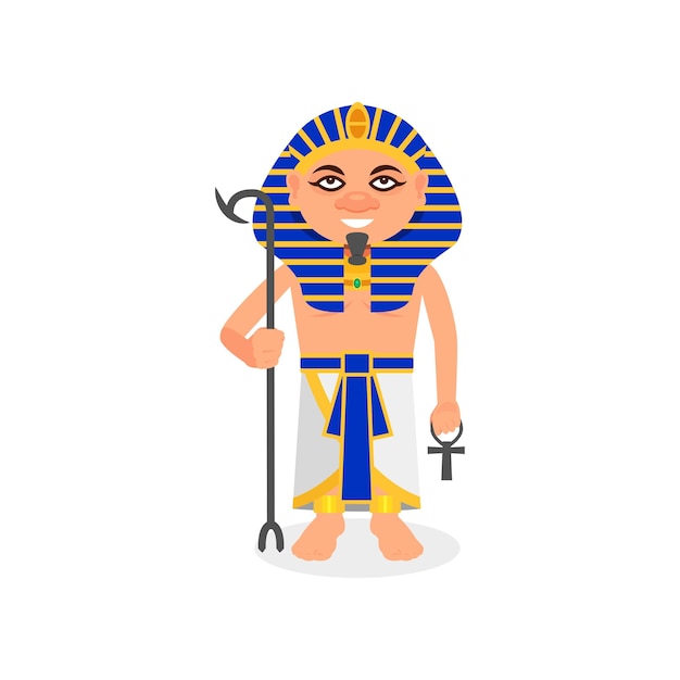 Pharaon égyptien avec sceptre et croix ankh Souverain de l'Egypte ancienne Homme en vêtements traditionnels et coiffure Design vectoriel plat
