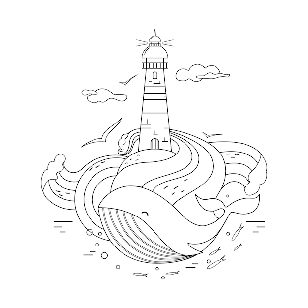 Un Phare Et Une Baleine. Image De Contour à Colorier.