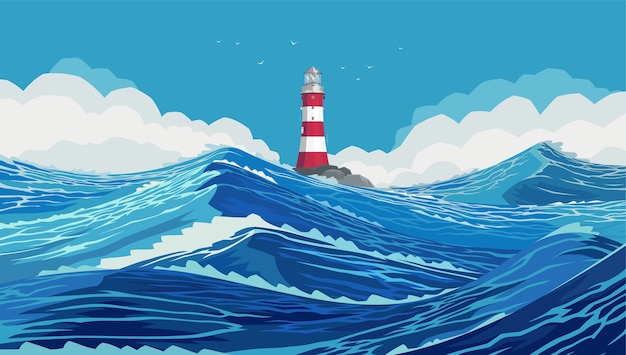 Vecteur phare sur un banc de pierre dans un océan rude. mer ondulée et belle. l'océan pacifique fait rage. grandes et fortes vagues bleues. raging ocean waves dans la mer bleue.