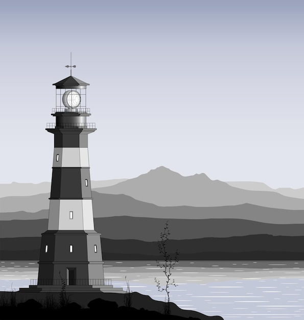 Vecteur phare contre illustration de la chaîne de montagnes