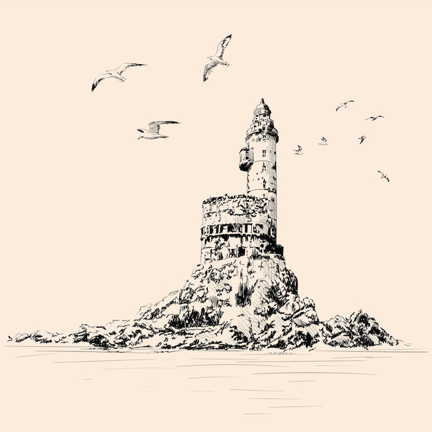 Phare Sur La Côte Rocheuse. Les Mouettes Volent Au-dessus De La Falaise. Dessin à La Main Sur Un Fond Beige.