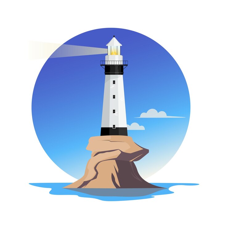 Vecteur phare sur l'île dans la mer