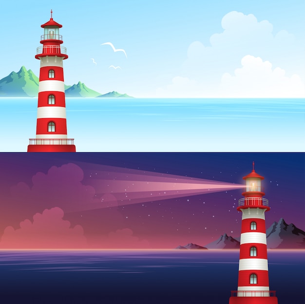 Phare Pendant Le Jeu De Bannière Horizontale De Jour Et De Nuit.