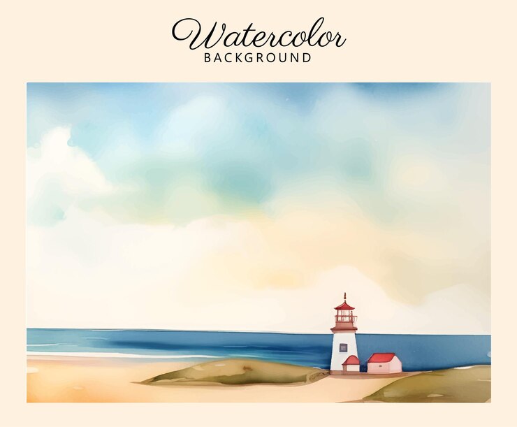 Vecteur phare sur la plage arrière-plan d'illustration à l'aquarelle