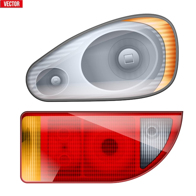 Vecteur phare et rétroéclairage de voiture rectangulaire. boîtier en verre de lumière avant et rétro-éclairage.