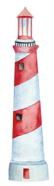 Phare rouge et blanc nautique aquarelle sur fond blanc